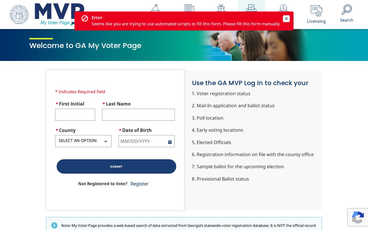 Columbus voter registration records search fields on Georgia My Voter Page